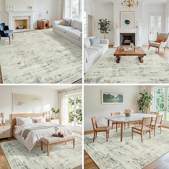 9x12 Area Rugs for Living Room Washable Rug: Anti-Skid Abstract Modern Living Room Rug Soft Thin Carpets Indoor Floor Non-Shedding Carpet for Bedroom Dining Farmhouse Nursery Gray White Blue