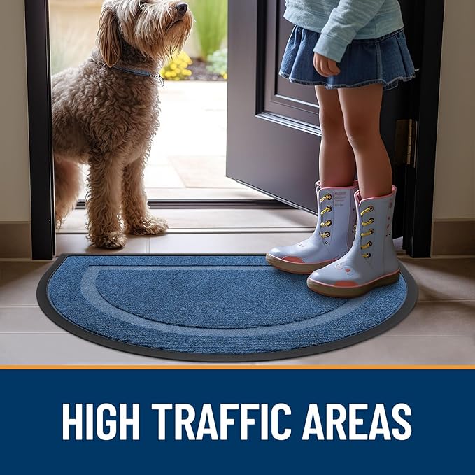 OLANLY Half Circle Door Mat Indoor Outdoor Entrance Welcome, Waterproof All-Season, All-Weather Doormat, Sturdy Natural Rubber, Low Profile, Easy Clean Patio Porch Entryway Mat, 33x21, Light Blue