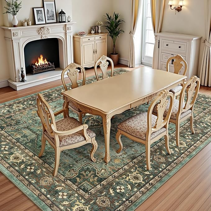 Lofus 6x9 Area Rugs for Living Room, Washable Area Rug, Rugs for Bedroom, Kitchen, Vintage Boho Carpet, Soft Non-Slip, Low Pile Large Area Rug for Office Dining Room, Green