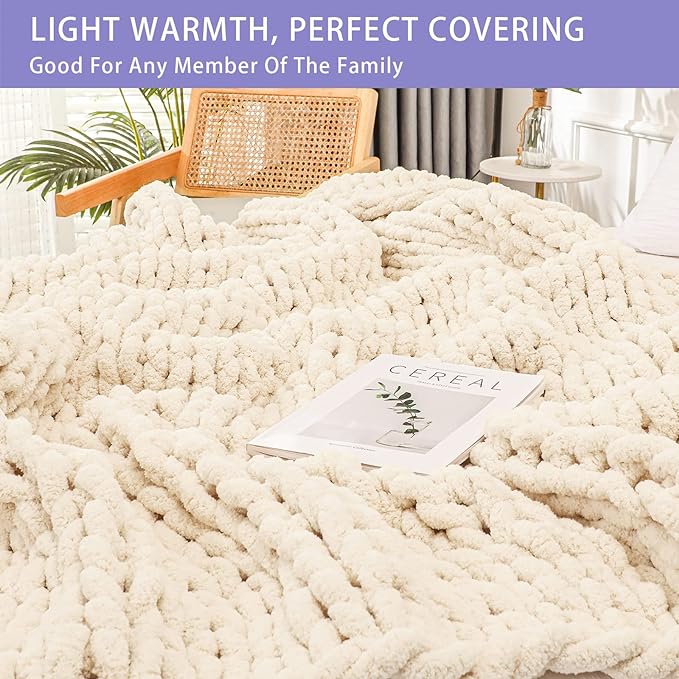 Bigacogo Chunky Knit Throw Blanket for Couch, 51x63 inches, 100% Hand Knitted with Thick Jumbo Chenille Yarn, Cozy Soft Large Rope Knot Cable Crochet Blankets for Sofa Bed Living Room, Beige