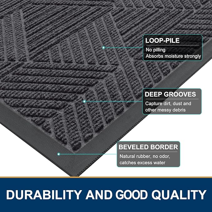 Smiry Front Door Mat Outside Entrance, Heavy Duty Sturdy Natural Rubber Doormat, Trap Dirt and Moisture, Easy Clean Low Profile Mats for Indoor Outdoor Entry, Irregular Triangle (71x47, Medium Grey)