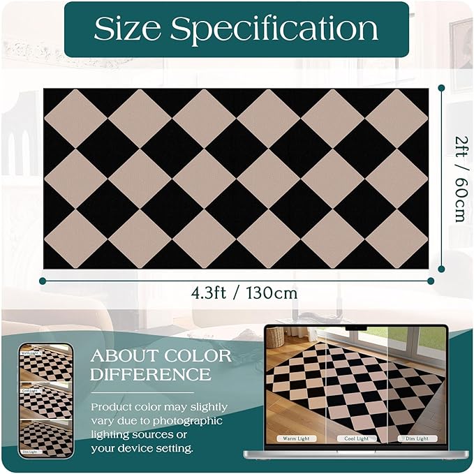 Front Door Mat Indoor Entrance - 2x4.3 Ft Black Tan Non-Slip Washable Outdoor Porch Rug Doormats Geometric Checkered Diamond Layered Rug for Front Door Kitchen Hallway Bedroom Laundry Room