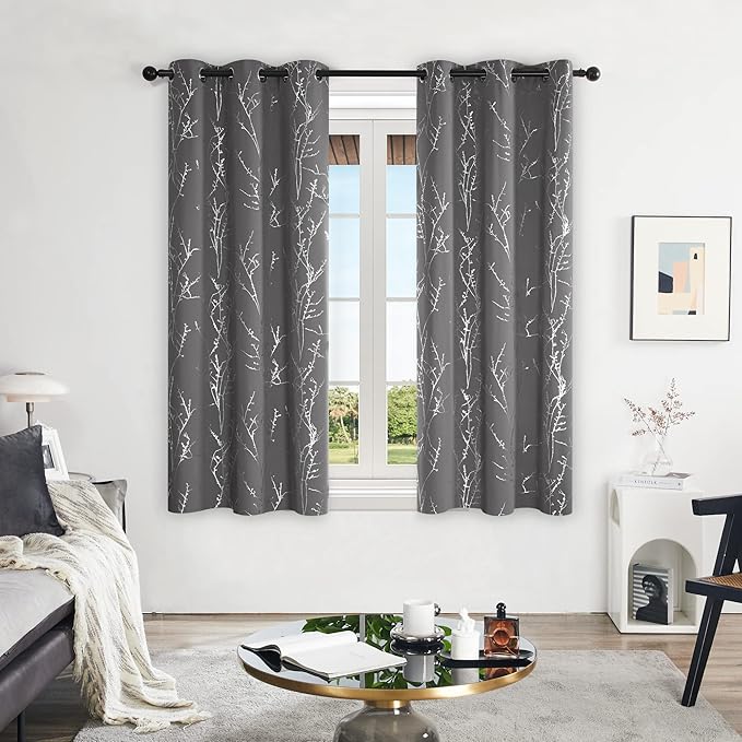 Deconovo Short Kitchen Curtains, 42 x 54 Inch Length 2 Panels Set, Thermal Insulated Soundproof Drapes with Silver Branch Pattern, Grommet Top, Machine Washable Panel for Small Window Living Room