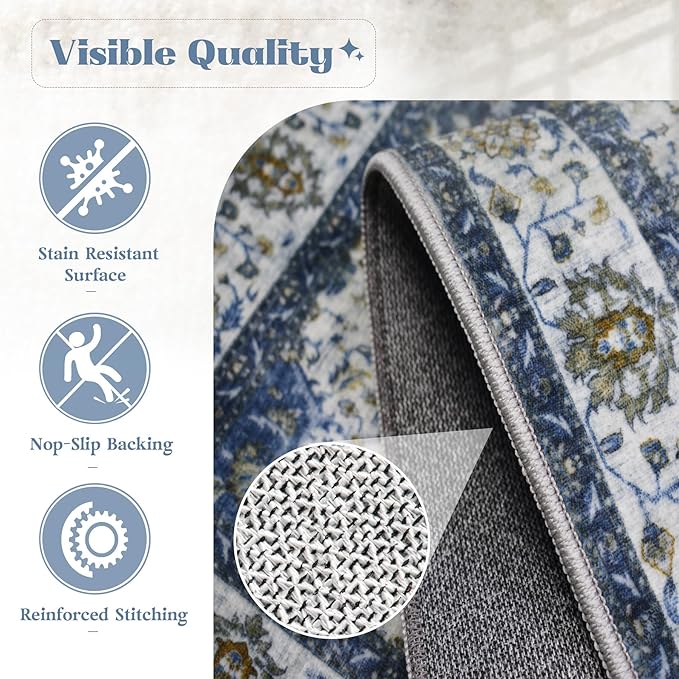 Area Rug 9x12 Washable Rug, Vintage Boho Medallion Rugs Non-Slip Soft Low Pile Large Distressed Rug Indoor Retro Carpet for Living Room Bedroom Dining Room Home Office (Vintage Blue, 9'x12')