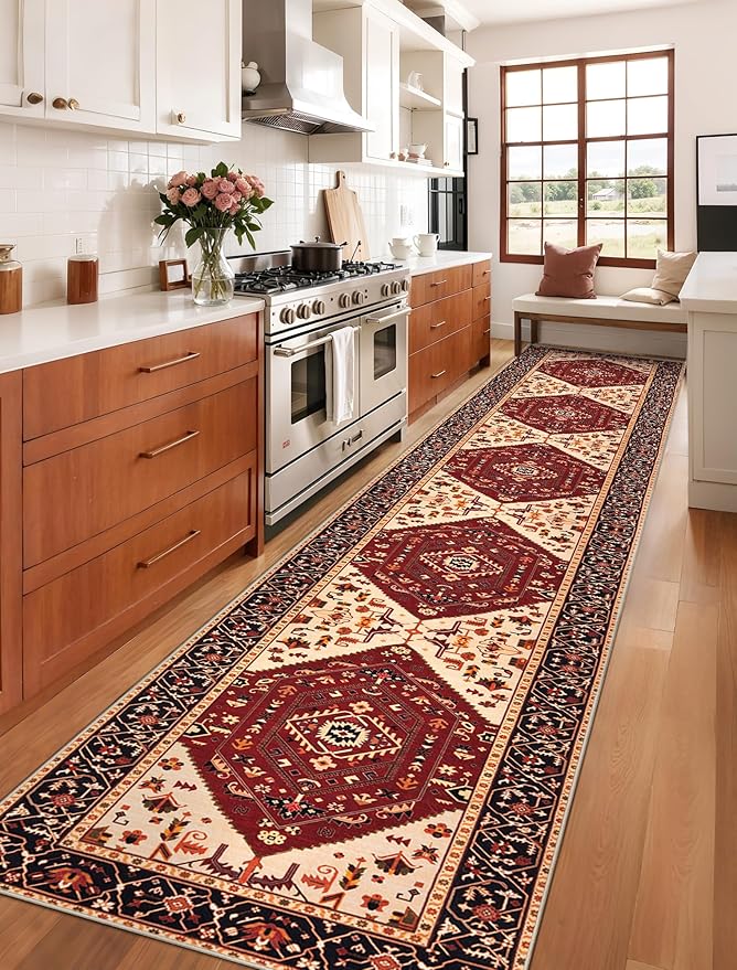 SERISSA Runner Rug for Hallways, 2'6"x14' Washable Non Slip Runner Rug, Extra Long Boho Rug Ultra Soft Vintage Red Black Print Floor Carpet for Bedroom Hallway Entryway Bathroom Laundry Room