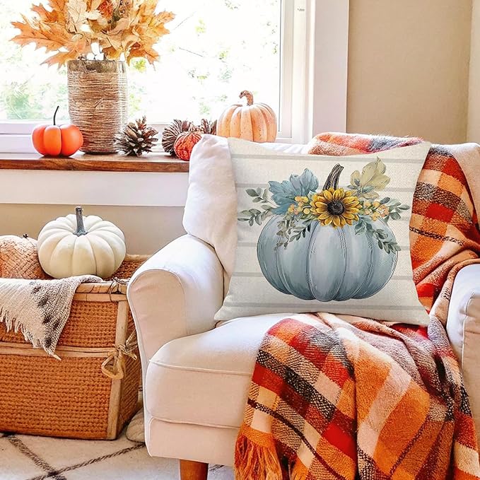 Fall Decorations for Home,Fall Pillow Covers 18 x 18 Inch Set of 4, Hello Autumn Pumpkin Mason Jar Thankful Decor, Cushion Cases for Farmhouse Home Party Sofa Couch