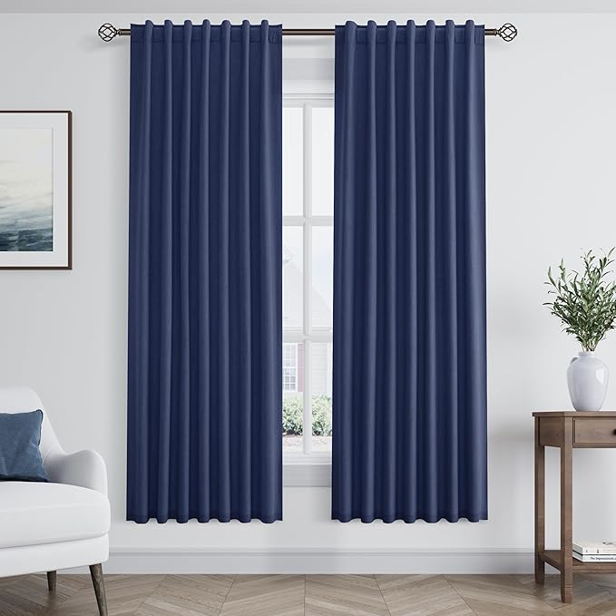 Guken 100% Blackout Curtains 72 Inch Length 2 Panels Set for Living Room Bedroom Back Tab Thermal Insulated Black Out Linen Drapes Room Darkening Window Curtains 72 Inches Long,Classic Blue