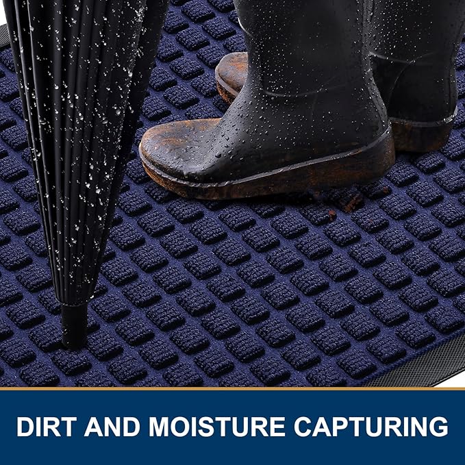 Smiry Front Door Mat Outside Entrance, Heavy Duty Natural Rubber Doormat, Non Slip, Trap Dirt and Moisture, Easy Clean, Low Profile Welcome Floor Mats for Indoor Outdoor Entry, 29.5x17 Inch, Navy Blue