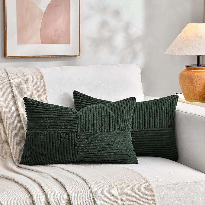 Fancy Homi 2 Packs Dark Green Lumbar Decorative Throw Pillow Covers 16x26 Inch for Living Room Couch Bed, Rustic Farmhouse Boho Home Decor, Soft Striped Corduroy Rectangle Accent Cushion Case 65x40 cm