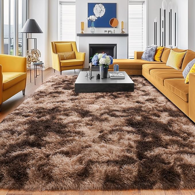 Rugs for Bedroom 4x6, Soft Shaggy Modern Shag Area Rug for Living Room, Upgrade Non-Slip Plush Fluffy Carpet for Kids Boys Girls Room Home Decor Aesthetic, Tie-Dyed Brown