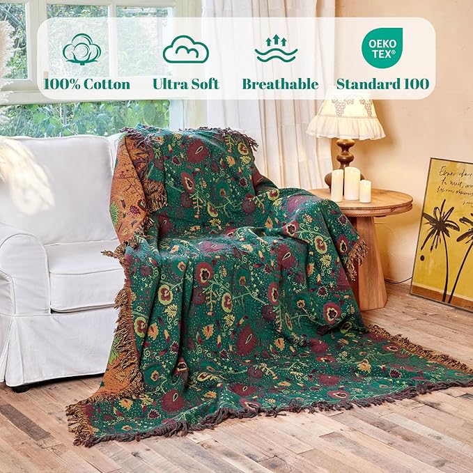 MSGKV Boho Throw Blanket for Couch and Sofa Cotton Blankets for Living Room Bedroom Reversable Florals Throw 60"x80" Spring Breathable Cozy Blankets