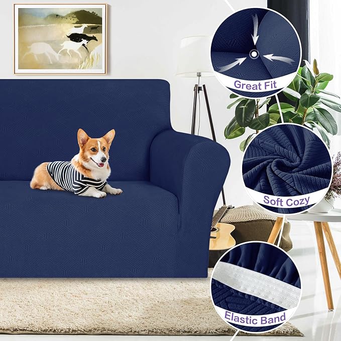 ZNSAYOTX Super Stretch Loveseat Covers (57"-70"), New Striped Love Seat Slipcover, Dogs Pet Friendly Anti-Slip Couch Protector Spandex Durable 2 Seater Fabric Sofa Cover (Navy Blue, Loveseat)