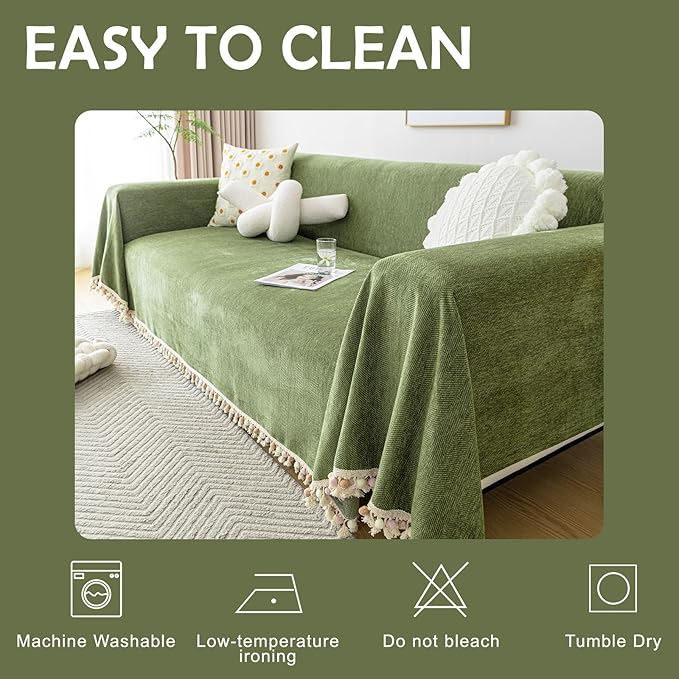 HANDONTIME Green Sofa Cover Vintage Couch Cover for Dogs 71" X134" Couch Cushion Covers with Tassel Herringbone Sofa Cover Boho Sofa Covers for 3 Cushion Couch Chenille Soft Loveseat Sofa Covers