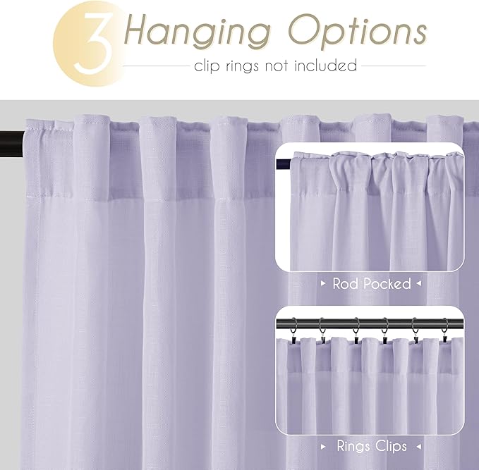 Lavender Purple Linen Curtain 90 Inch Long 2 Panels for Living Room Semi Sheer Privacy Grils Bedroom Window Curtains Rod Pocket Luxury Modern Farmhouse Decor Light Violet 52ﾗ90