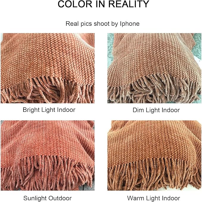 lifein Throw Blanket for Couch, Soft Boho Bed Throw,Cozy Burnt Orange Chenille Knitted Small Spring Lightweight Throw(Rust,50 * 60")