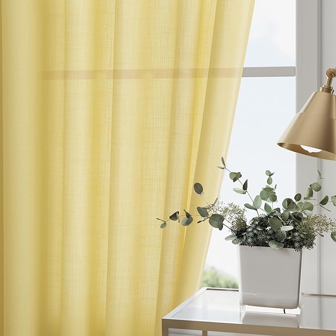 Yellow Linen Blend Drapes 84 Inch Length 2 Panels Set Back Tab Rod Pocket Light Filtering Privacy Semi Sheer Textured Curtain Neutral Farmhouse Decor for Living Room Bedroom Curtains 52x84