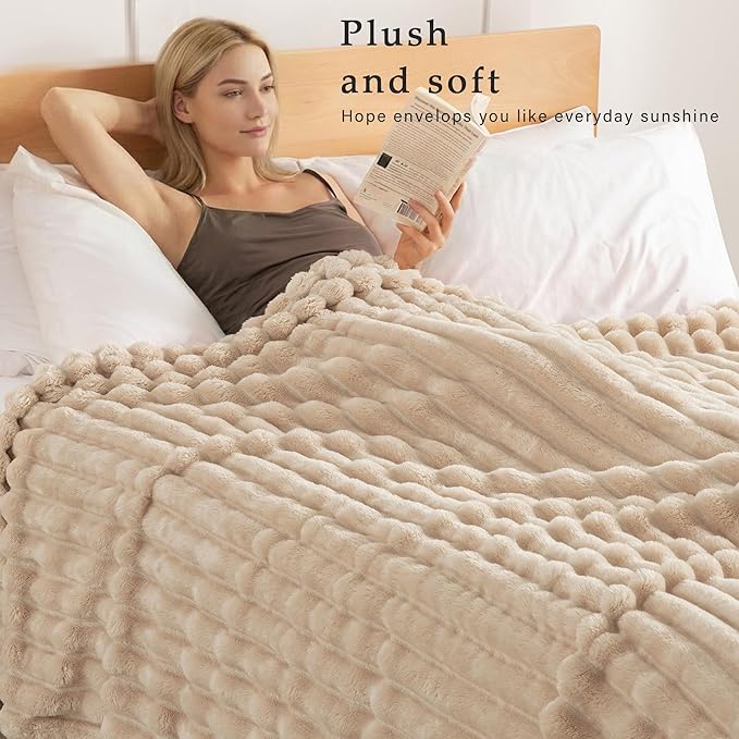 Exclusivo Mezcla King Size Flannel Fleece Blanket, Super Soft Striped Jacquard Bed Blanket, Lightweight Fuzzy Cozy for All Seasons, 90x104 Inches, Beige