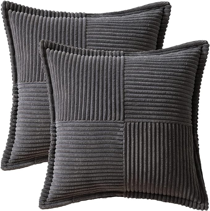 MIULEE Decorative Throw Pillow Covers for Couch Bed Livingroom 18x18 Inch Set of 2 Dark Grey Boho Accent Throw Pllows Broadside Striped Patchwork Soft Corduroy Pillowcases