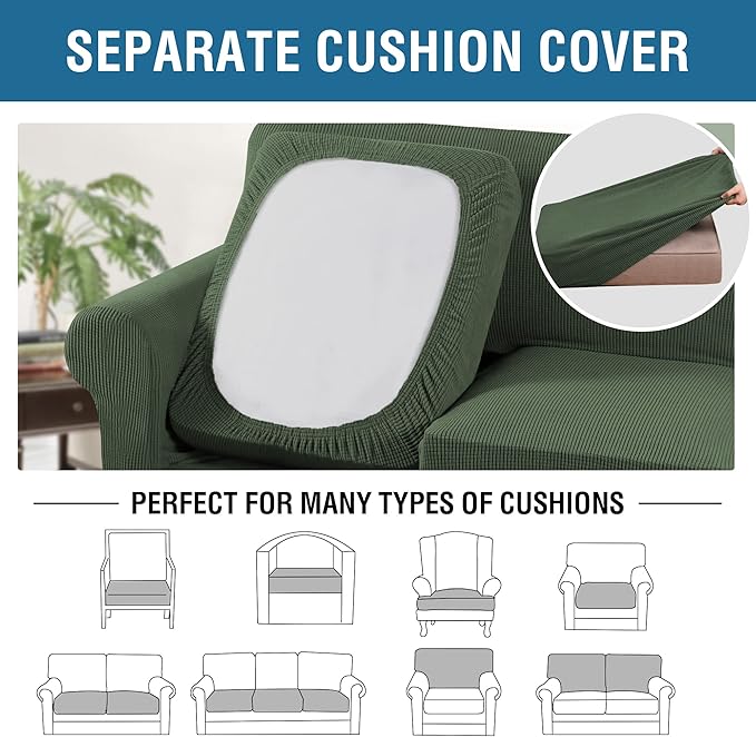 H.VERSAILTEX 3 Piece Stretch Sofa Covers for 2 Cushion Sofa Couch Covers for Living Room Furniture Cover (Base Cover Plus 2 Seat Cushion Covers) Thicker Jacquard Fabric(Large Sofa, Bronze Green)