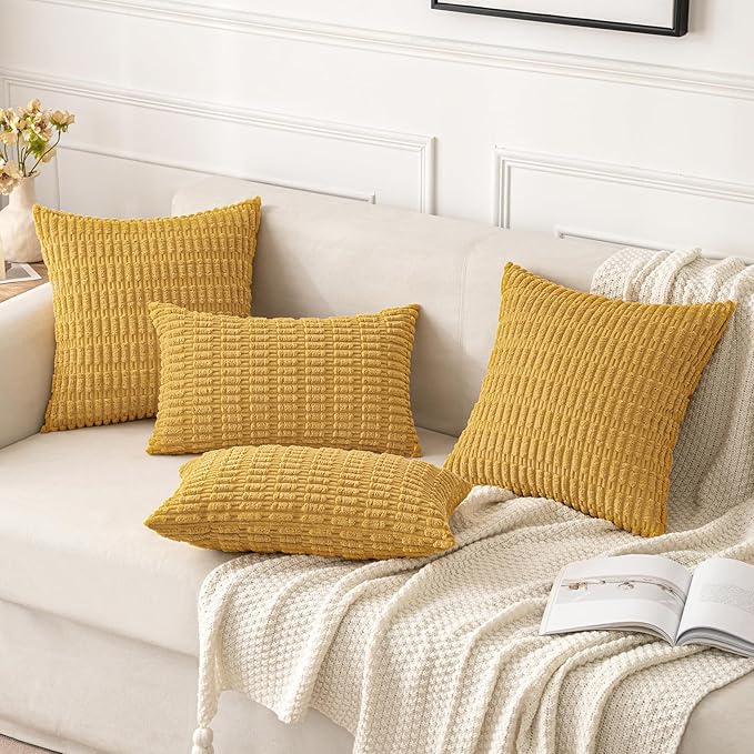 MIULEE Pack of 2 Corduroy Decorative Throw Pillow Covers 20x20 Inch Soft Boho Striped Pillow Covers Modern Farmhouse Home Decor for Summer Sofa Living Room Couch Bed Yellow