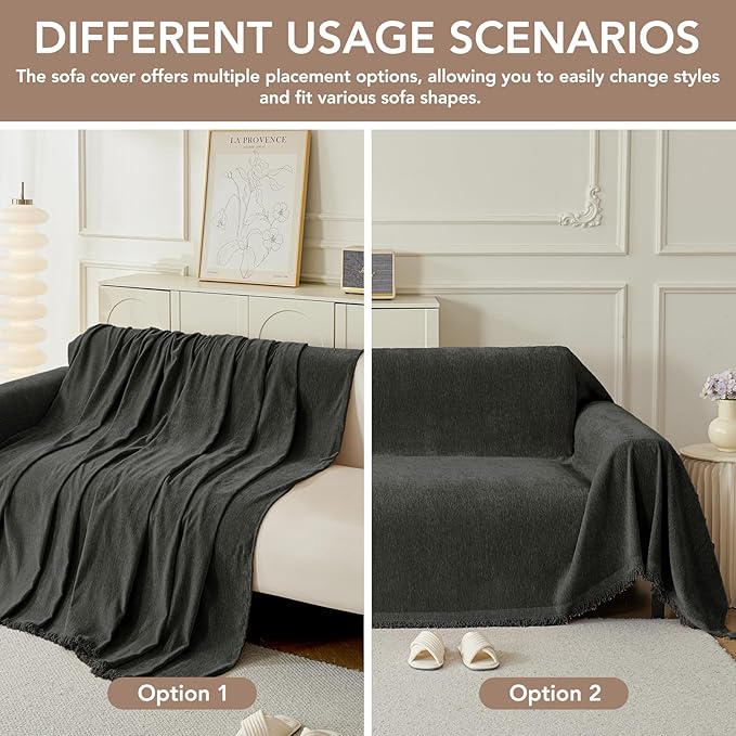 Couch Cover for Dogs, Boho Sofa Covers for 3 Cushion Couch, Chenille Sofa Slipcover for Pets Washable, L-Shape Sectional Couch Cover Soft Throw Blankets with Tassels(71x118,Charcoal Grey)