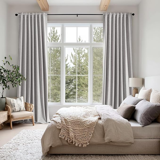 MIULEE 100% Blackout Linen Curtains for Bedroom, Greyish White Solid Luxury Decor Thermal Insulation Room Darkening Drapes for Living Room Nursery Back Tab Rod Pocket 42 x 90 Inches, 2 Panels