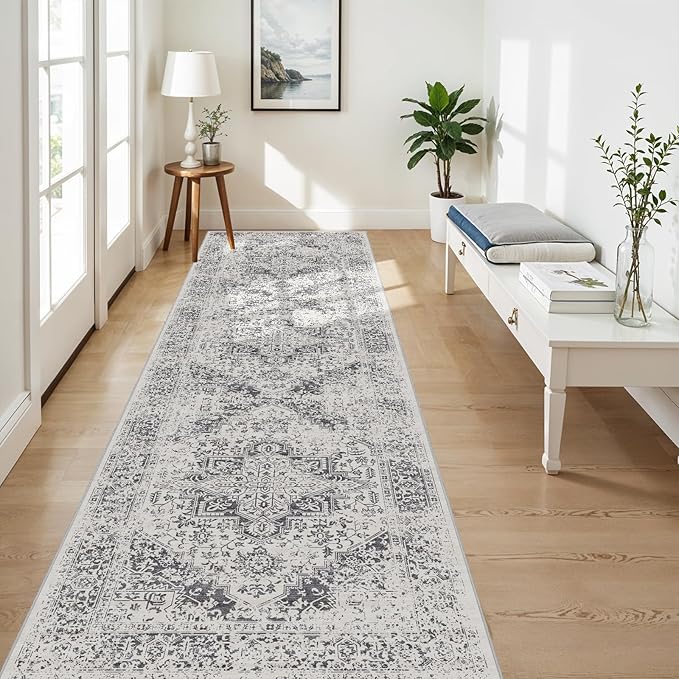 4x10 Washable Hallway Runner Rug - Wide Kitchen Runners Vintage Low Pile Carpet Soft Thin Floor Runner with Rubber Backing for Entryway Bedroom Living Room Home Decor (Distessed Grey)