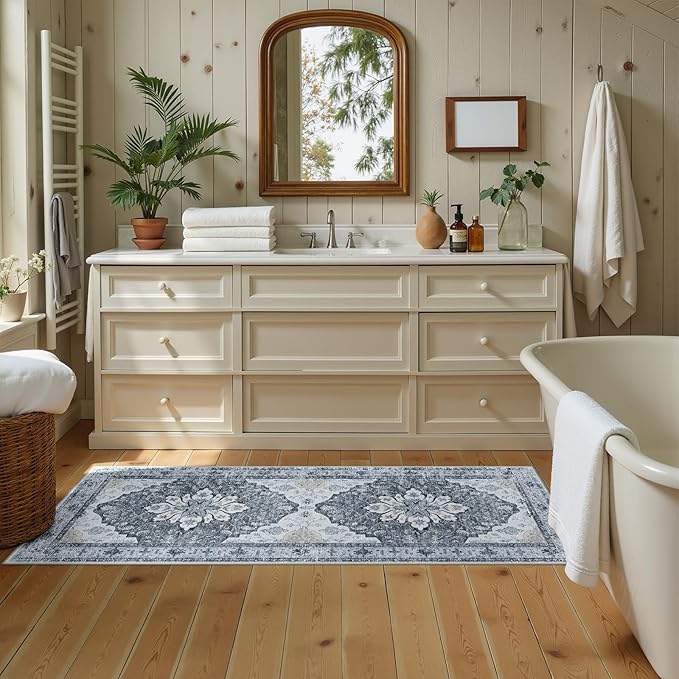 Area Rugs 2'x5' Runner Rug Non Slip Washable for Kitchen Hallway Bedroom Beside Laundry Room Bathroom Rug, Floor Carpet, Light Gray Grey White