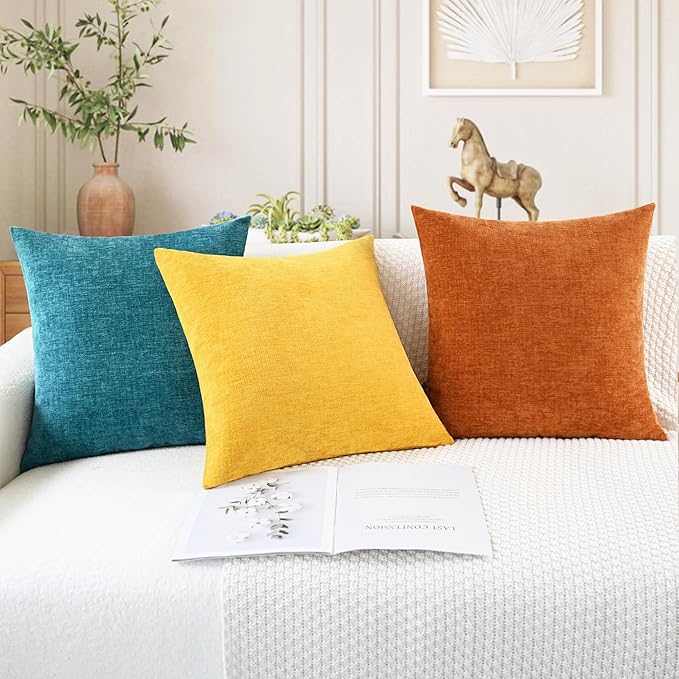 CaliTime Throw Pillow Covers Decorative 20 X 20 Inches Pack of 2 Cozy Chenille Cushion Cases for Couch Sofa Bed Living Room Home Mustard Yellow