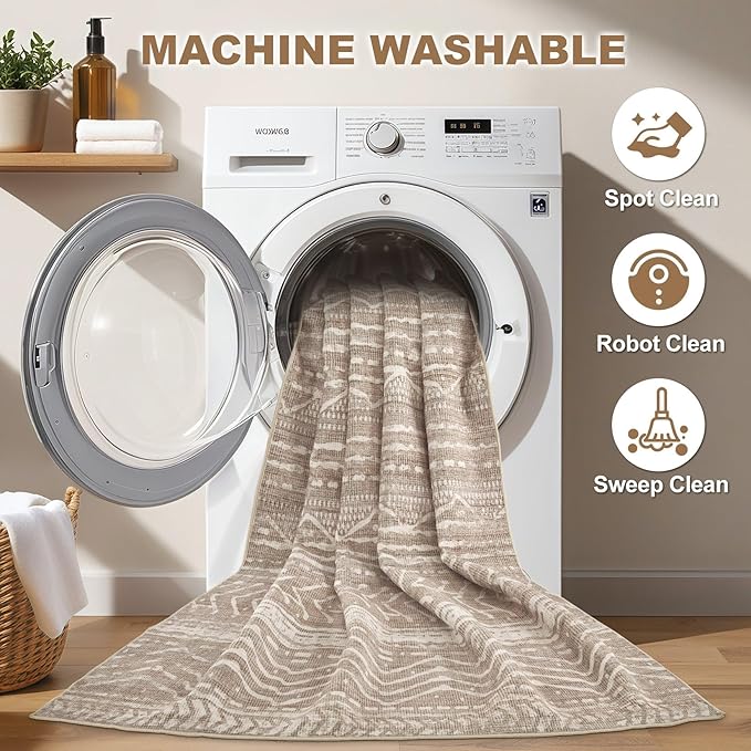 Nakagishi Area Rug Living Room Rugs: 3X8 Machine Washable Boho Large Neutral Farmhouse Stain Resistant Moroccan Indoor Floor Carpet for Bedroom Nursery Dorm Dining Room Home-Dark Brown