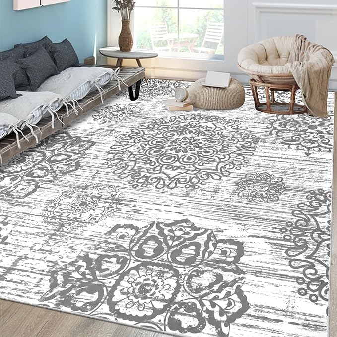 HEBE Washable Area Rug 6'x9' Non Slip Soft Distressed Medallion Bedroom & Living Room Rugs Vintage Entry Floor Carpet for Dining Room Bathroom Entryway