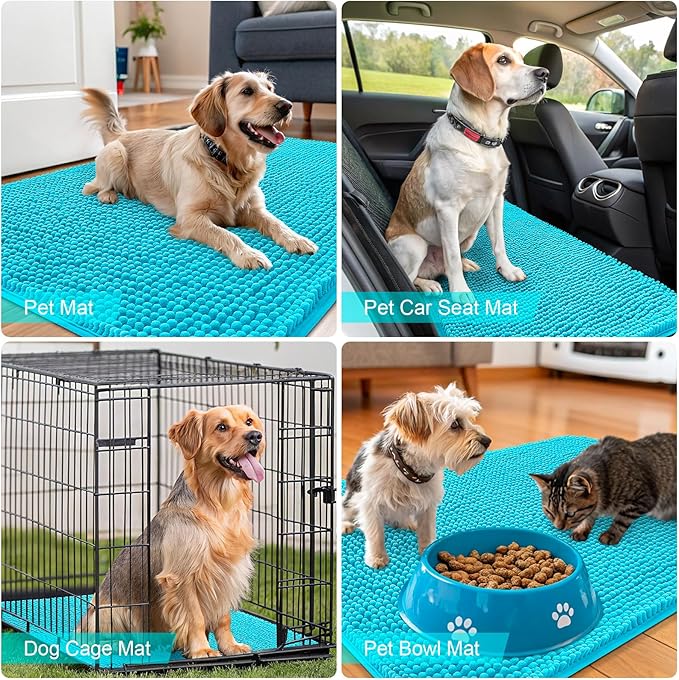 OLANLY Dog Door Mat for Muddy Paws 34x21, Absorbs Moisture and Dirt, Absorbent Non-Slip Washable Doormat, Quick Dry Chenille Mud Mat for Dogs, Entry Indoor Entryway Carpet for Inside Floor, Aqua Blue