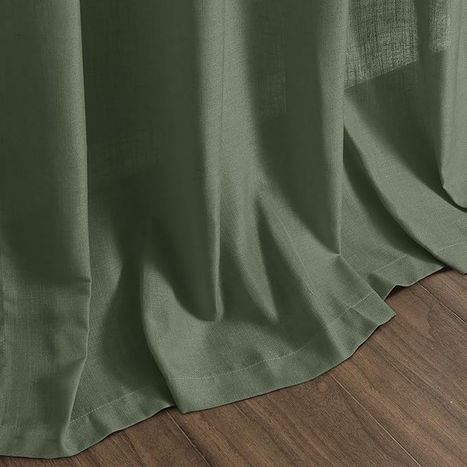 Nanspring Forest Green Linen Curtains for Living Room 90 Inches Long Light Filtering Semi Sheer Curtain Back Tab and Rod Pocket Wabi Sabi Boho Decor Luxury Drapes for Bedroom Office 52x90, 2 Panels