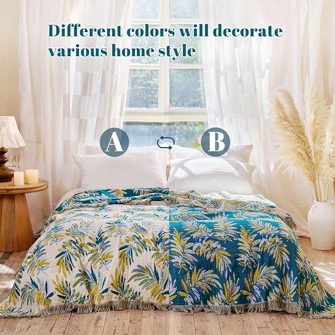 MSGKV Boho Throw Blanket for Couch Cotton Leaves Blanket 50"x60" Throws for Sofa Chair Muslin Spring Breathable Lightweight Farmhouse Blankets Home Decor All Seasons