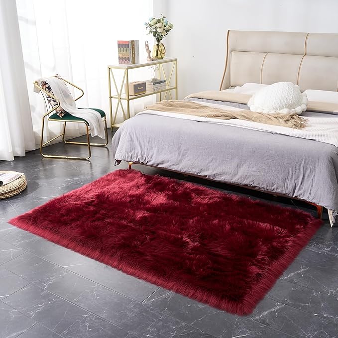EasyJoy Ultra Soft Fluffy Shaggy Area Rug Faux Fur Rug Chair Cover Seat Pad Fuzzy Area Rug for Bedroom Floor Sofa Living Room (4 x 6 ft Rectangle, Burgundy)