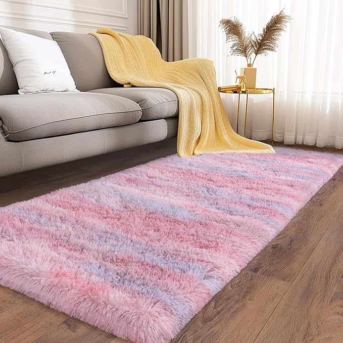 Soft Runner Rugs for Bedroom Hallways, 2x5 Abstract Pink Fluffy Shag Throw Area Rug Non Slip for Bedside Dorm, Long Shaggy Furry Carpet for Nursery Living Room