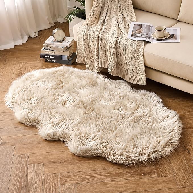 MIULEE Luxury Soft Fluffy Area Rug 3x5 Feet, Faux Fur Sheepskin Rug Decorative Plush Shaggy Carpet for Bedside Sofa Floor Nursery, Beige