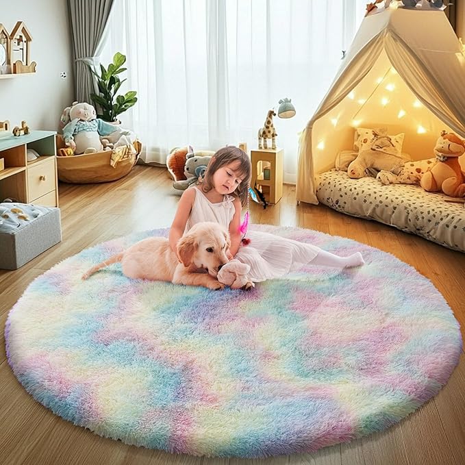 yulidayang Rainbow Fluffy Round Area Rugs for Bedroom,4'X4'Shag Circle Area Rugs for Girls Room,Non Slip Fuzzy Plush Rug for Kids Room Living Room and Dorm Home Decor Rug