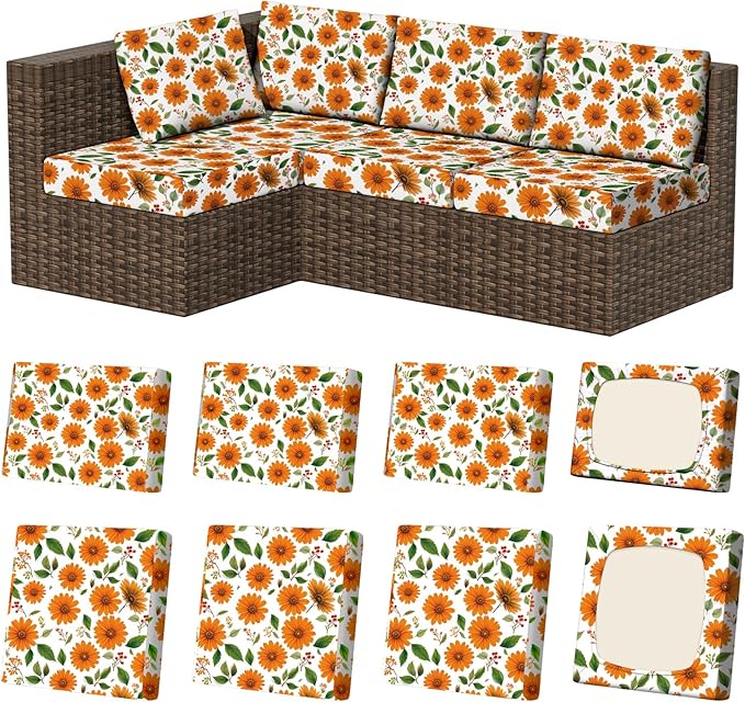 8Pcs Stretch Patio Cushion Covers, Outdoor Couch & Sofa Replacement Slipcovers for Patio Furniture Cushion Covers, Washable Reusable Furniture Protector