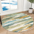Lansny Modern Abstract Round Rug 3Ft, Green Mustard Multi Round Rug Washable Non-Slip Soft Small Circle Rug, Circular Entryway Rug Thin Print Faux Wool Carpet for Bedroom Living Room Office
