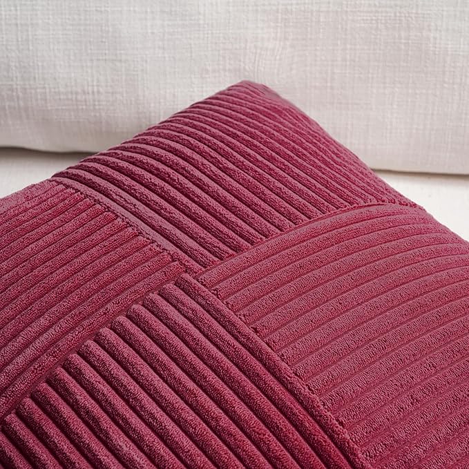 Fancy Homi 2 Packs Burgundy Red Decorative Throw Pillow Covers 18x18 Inch for Living Room Couch Sofa, Boho Christmas Home Decor, Soft Corss Corduroy Patchwork Textured Square Cushion Case 45x45 cm