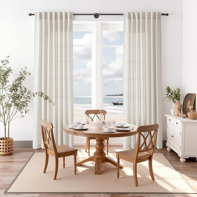 Nanspring Pearl White Linen Curtains 102 Inches Long for Living Room Light Filtering Semi Sheer Curtain Back Tab Coastal Decor Floor to Ceiling Modern Drapes for Bedroom Office 52x102, 2 Panels