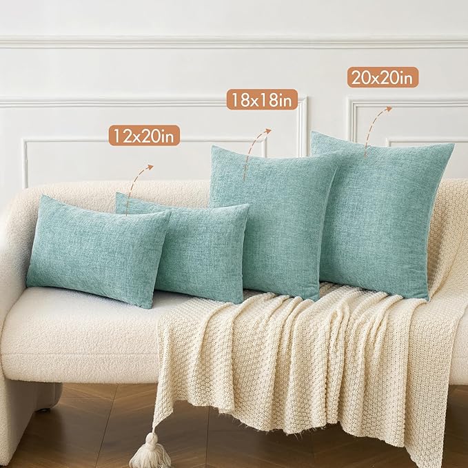 MIULEE Pack of 2 Couch Throw Pillow Covers 20x20 Inch Soft Aqua Green Chenille Pillow Covers for Sofa Living Room Spring Home Decor Couch Solid Dyed Cases