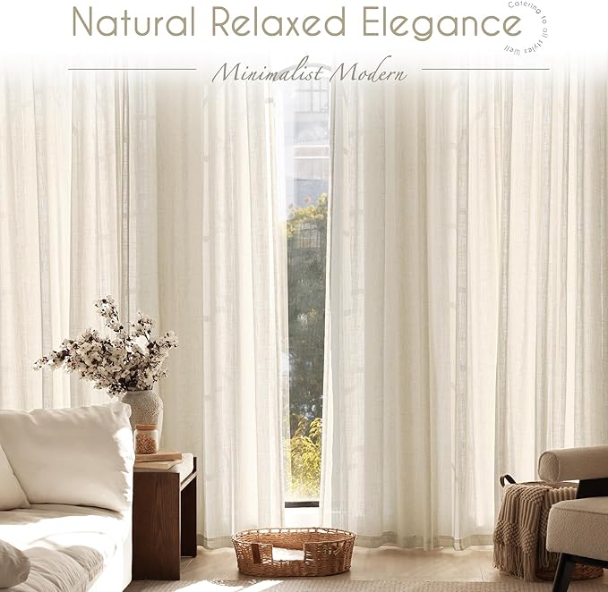 Faux Linen Beige Curtains 144 inches Long for Living Room Rustic Farmhouse Linen Drapes Semi Sheer Burlap Textured Canvas Cloth Curtain Panels Set of 2 Kahki Tan Colored