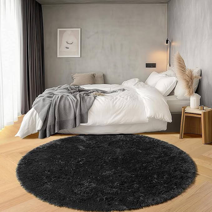 ONASAR Black Round Area Rugs 5ft, Soft Bedroom Circle Rug Floor Mats for Kids Girls Boys Teen Room, Fluffy Plush Shaggy Carpet for Baby Nursery Living Room Playroom Dorm Home Decor