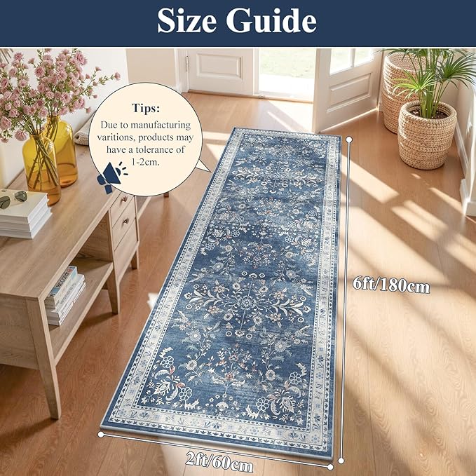 Yamaziot Washable Runner Rug 2x6 – Non Slip Boho Floral Hallway Runner Rug with Rubber Backing, Low Pile Faux Wool Distressed Carpet for Kitchen, Laundry, Bedroom, Entrance, Blue
