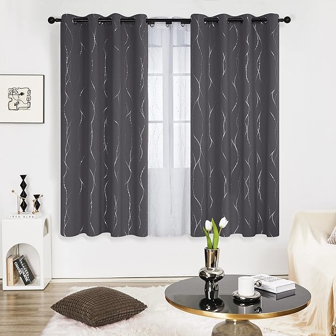 Deconovo Grey Blackout Curtains for Living Room, Thermal Insulated Soundproof Drapes, Wave Dots Foil Print, 52 x 72 Inches Long, 2 Panels, Machine‑Washable Window Panel for Bedroom Nursery Office