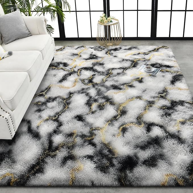 TWINNIS Super Soft Shaggy Rugs Fluffy Carpets, 5x8 Feet, Indoor Modern Plush Area Rugs for Living Room Bedroom Kids Room Nursery Home Decor, Upgrade Anti-Skid Rectangular Fuzzy Rug, Grey Gold