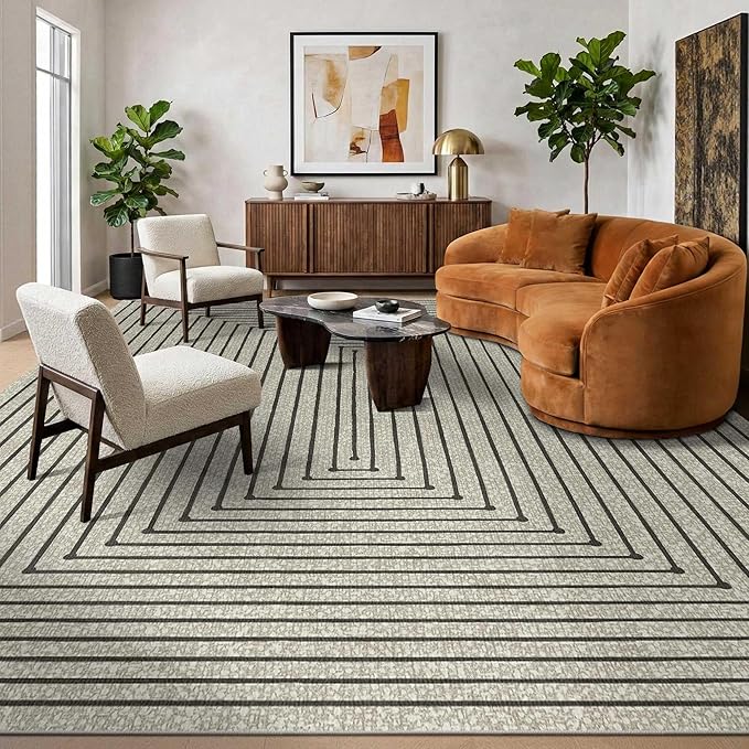 Latte&Fog 10x14 Area Rug for Living Room, Extra Large Beige Modern Abstract Washable Rugs, Boho Non Slip Low Pile Carpet for Indoor Bedroom Dining Room, Office, Dorm, Classroom and Farmhouse - Beige