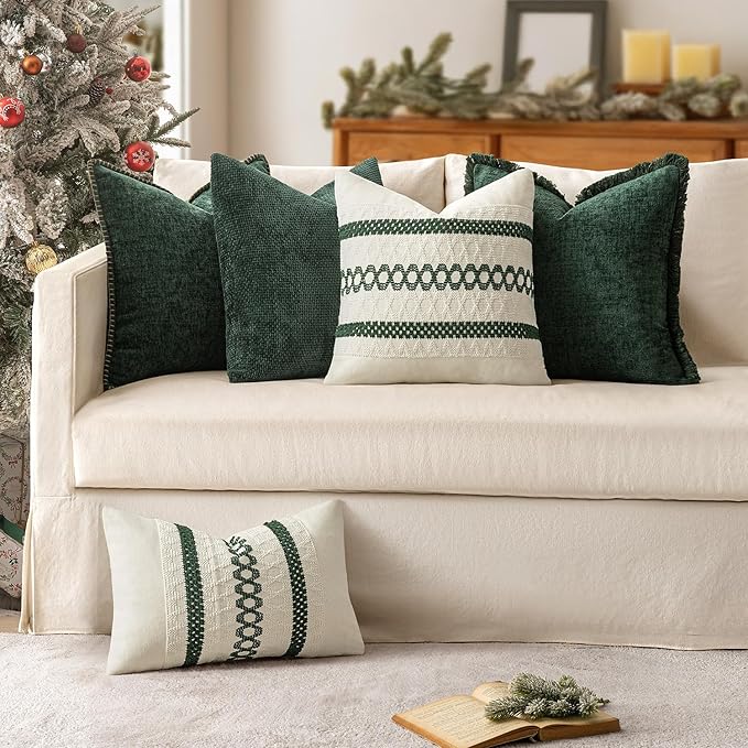 MIULEE Set of 2 Dark Green Boho Christmas Decorative Pillow Covers 20x20 Inch Farmhouse Rustic Couch Throw Pillows Modern Spring Cotton Cushion Cover Retro Macrame Woven Home Decor for Bed Sofa Chair